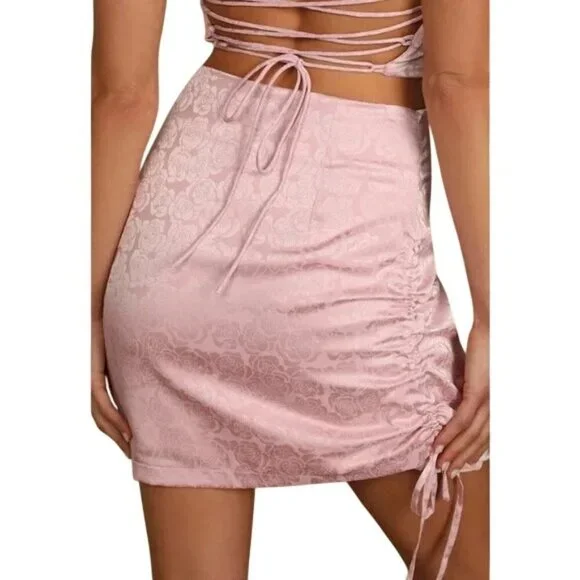 Lulus In a Bliss Pink Floral Satin Jacquard Cinched Mini Skirt - Picture 2 of 6